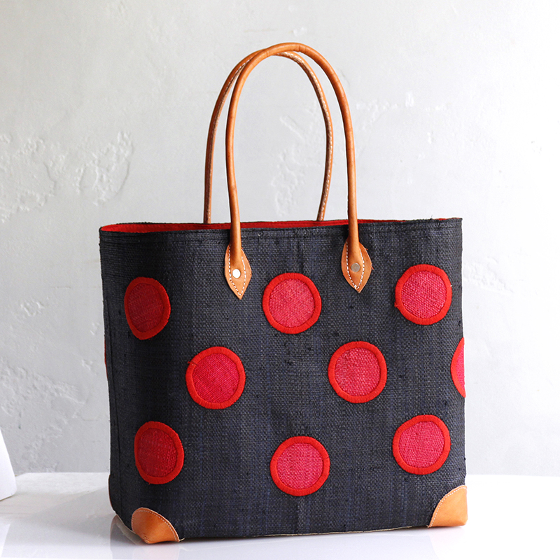 マダガスカル ラフィアのバッグ Lサイズ フレンチ マルシェ バッグ/French Marche Bag/水玉 ドット・ブラック＆レッド