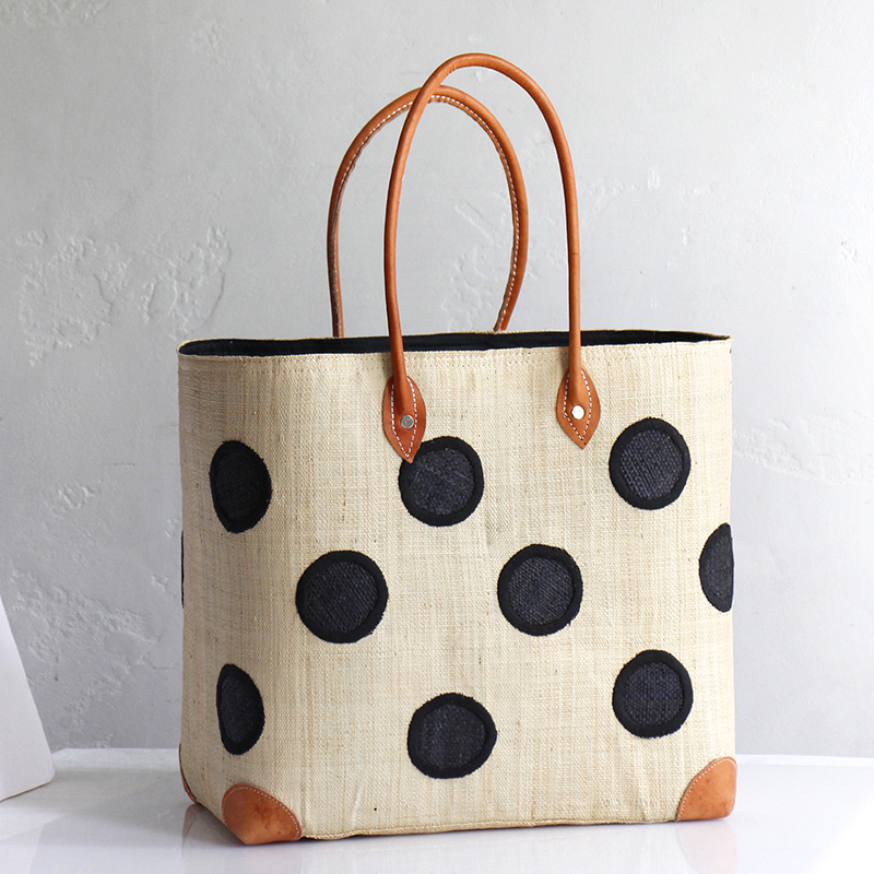 マダガスカル ラフィアのバッグ Lサイズ フレンチ マルシェ バッグ/French Marche Bag/水玉 ドット・ナチュラル＆ブラック