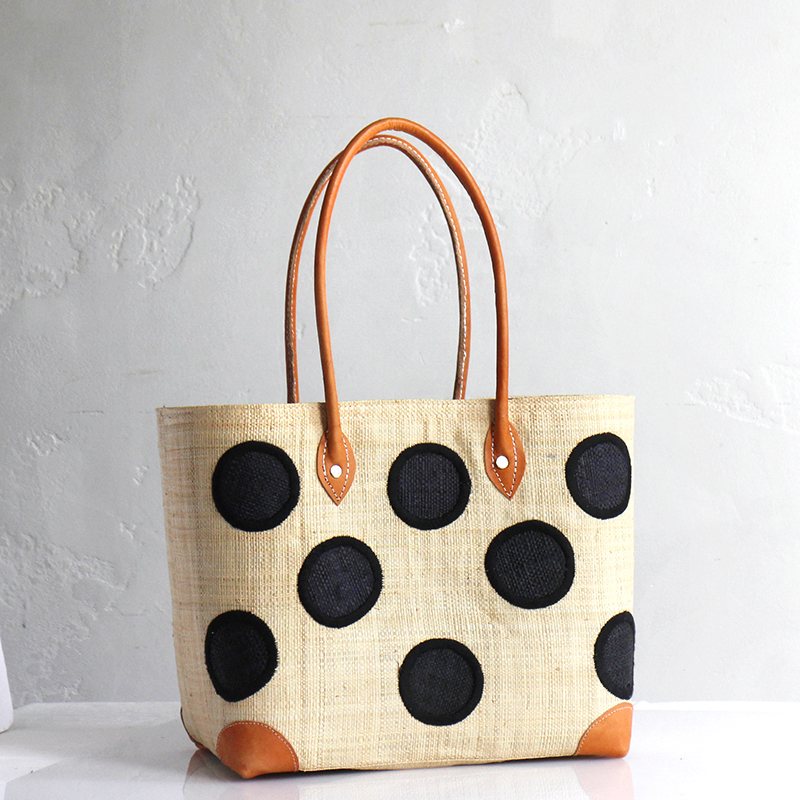 マダガスカル ラフィアのバッグ Mサイズ フレンチ マルシェ バッグ/French Marche Bag/水玉 ドット・ナチュラル＆ブラック