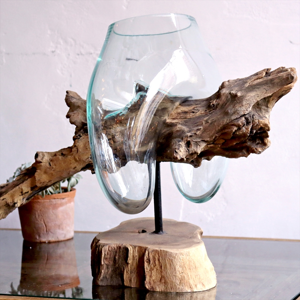 流木 ガラスベース  H35xW51xD26cm フラワーベース 花瓶 glass planter/flower vase 【現品お届け】