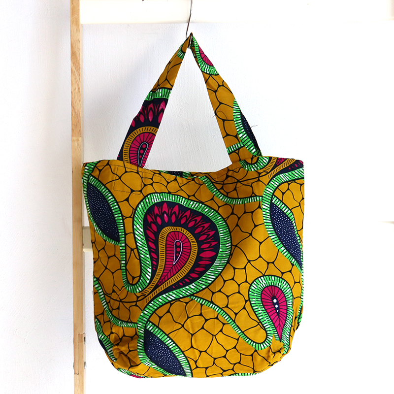 パーニュ アフリカンプリント 巾着タイプのエコバッグ サラセニア・イエロー Pagne West African Fabric