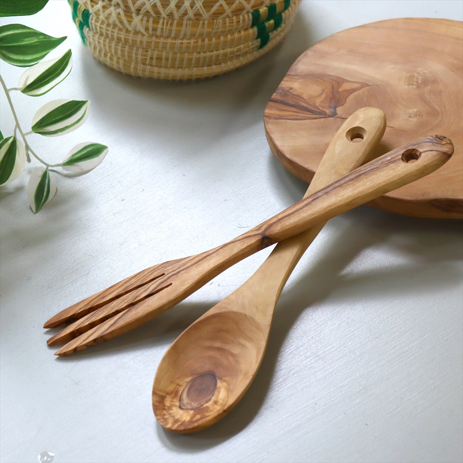 オリーブ木 サラダトング スプーン＆フォーク　チュニジア産　天然木　サービスカトラリー