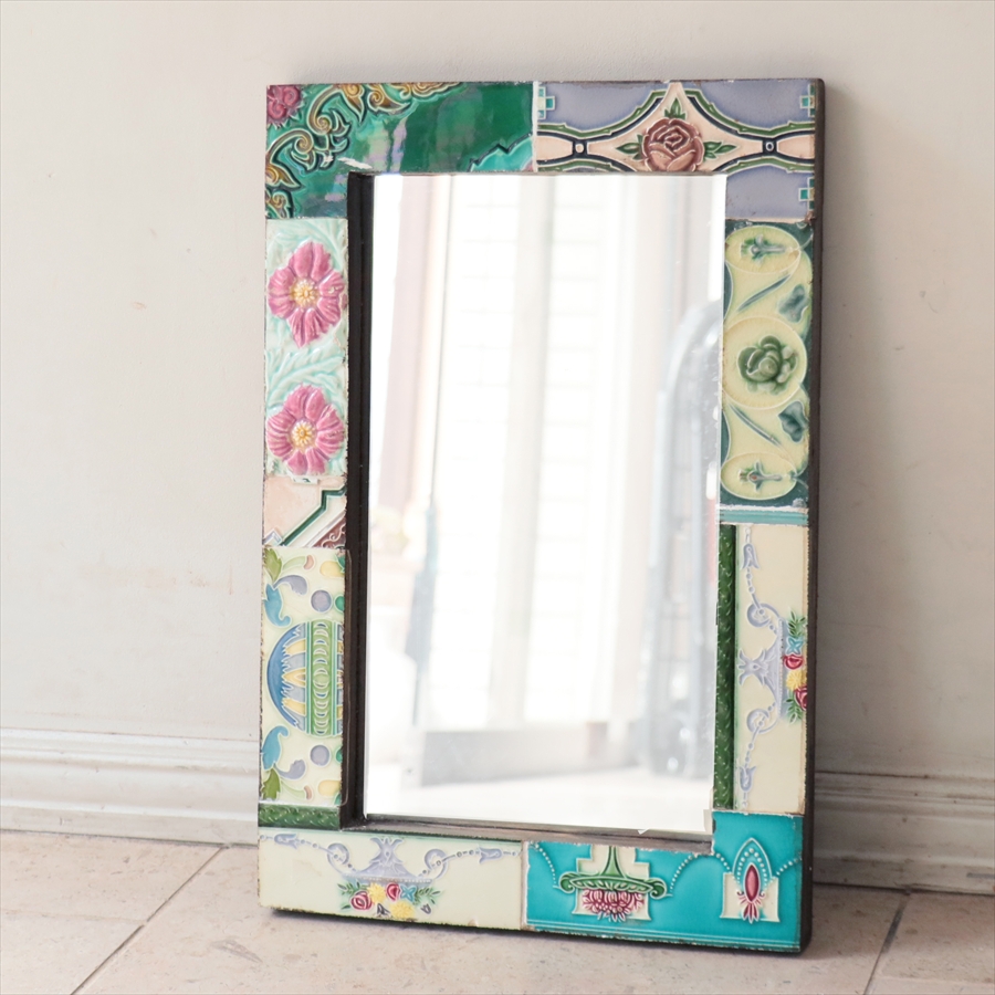 マジョリカタイルミラー長方形 W46×H30.5cm majolica tile mirror 一点もの 現品