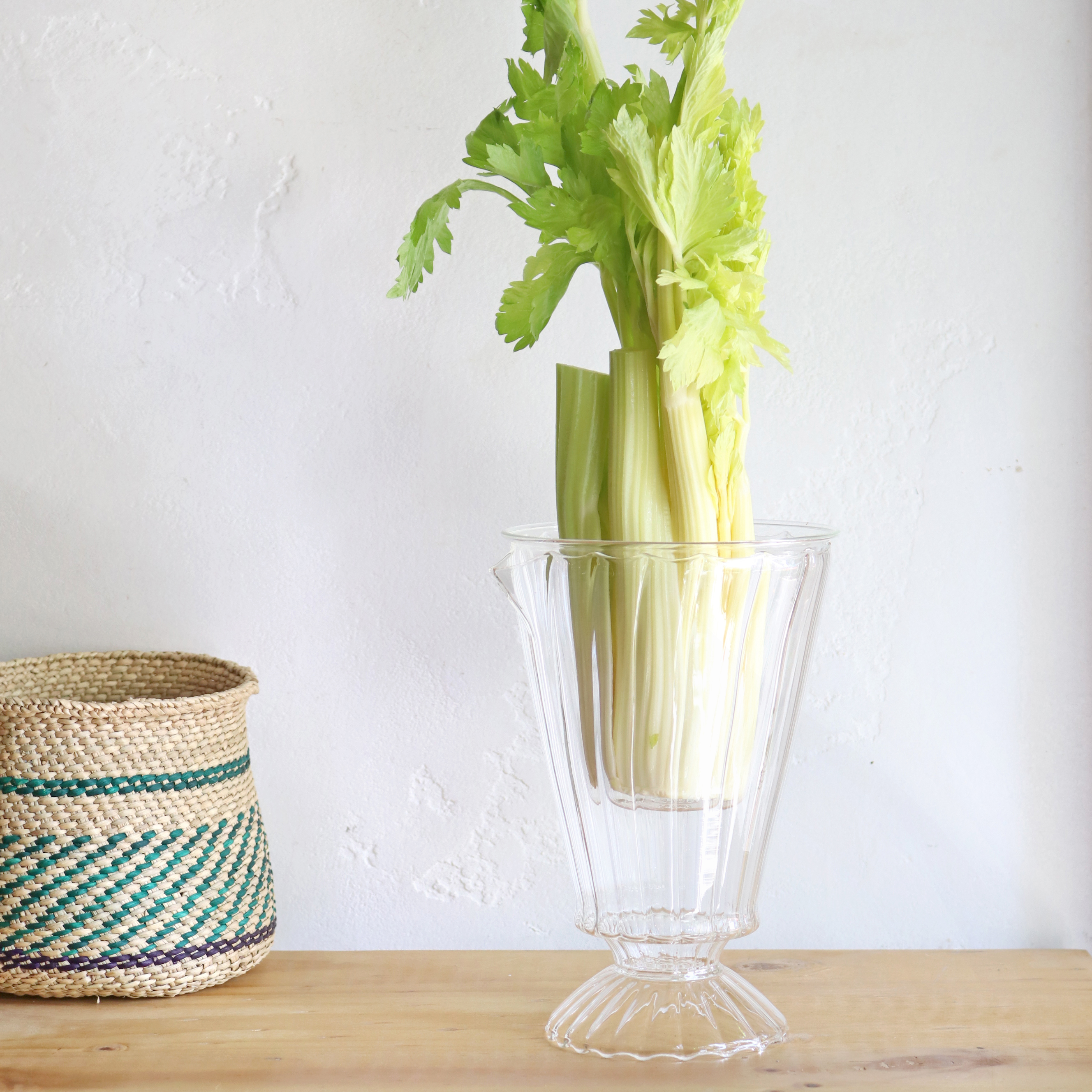 野菜の水栽培できるガラスベース 直径12.5cm 高さ19cm 上皿付きガラス花瓶　クリア