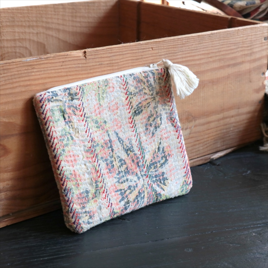 カンタ刺繍　ミニポーチ　フラットポーチ16.5×19cm ヴィンテージカンタ　現品