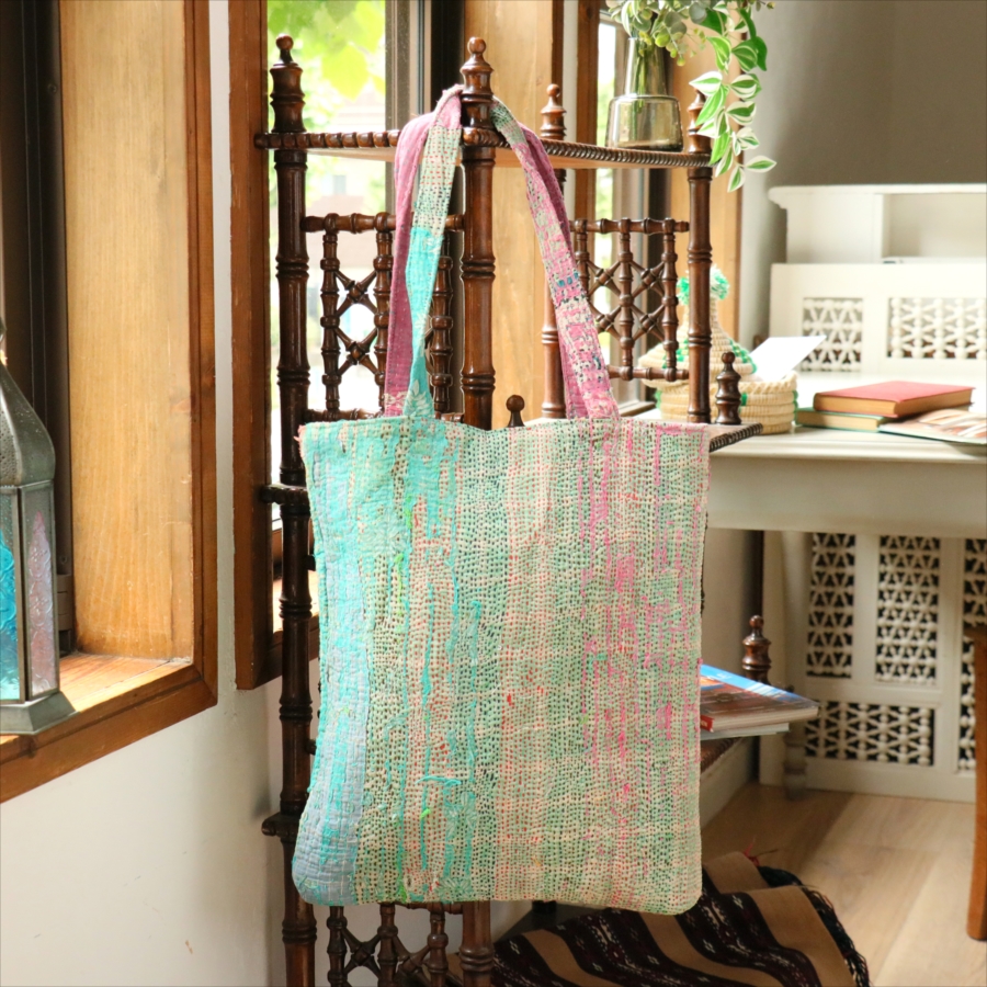 カンタ刺繍　フラットトートバッグ　現品ヴィンテージカンタ　肩掛けショルダー　A4サイズが入る
