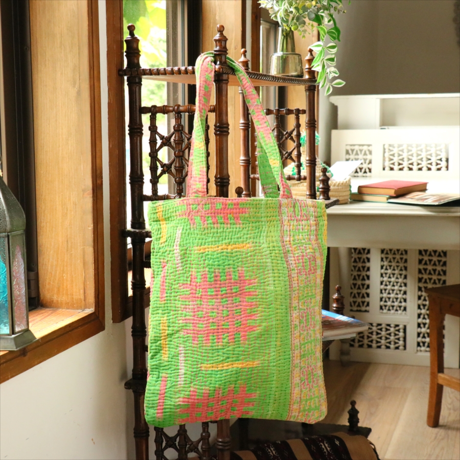 カンタ刺繍　フラットトートバッグ　現品ヴィンテージカンタ　肩掛けショルダー　A4サイズが入る