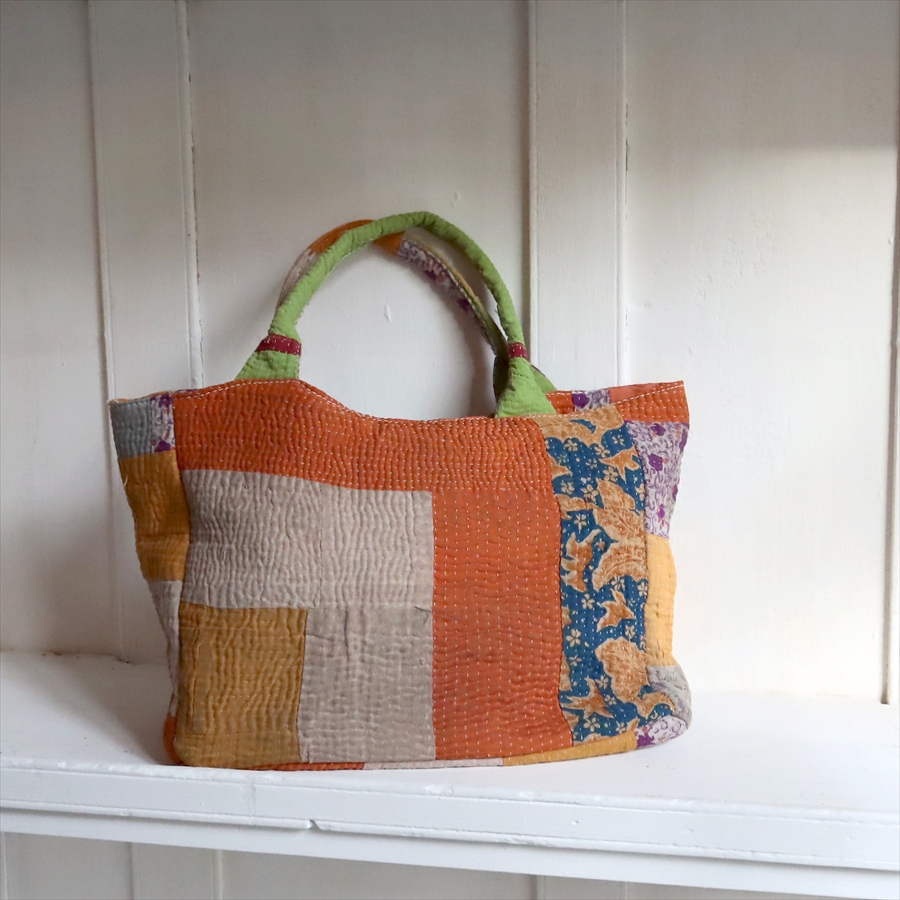 ヴィンテージカンタ 横長トートバッグ カンタ刺繍ラリーキルト　インド　古布