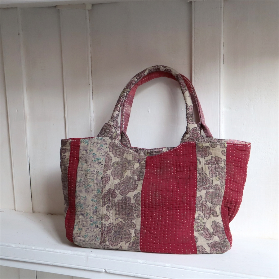 ヴィンテージカンタ 横長トートバッグ カンタ刺繍ラリーキルト　インド　古布