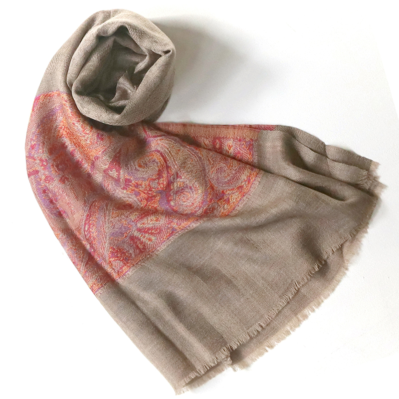 手織りのカシミアストール大判サイズブラウン/パープル