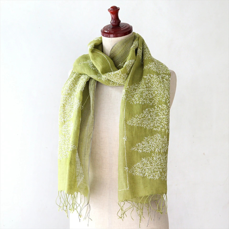 麻ショール・ストール/リネンカンタ刺繍ショール<br>ライトグリーン