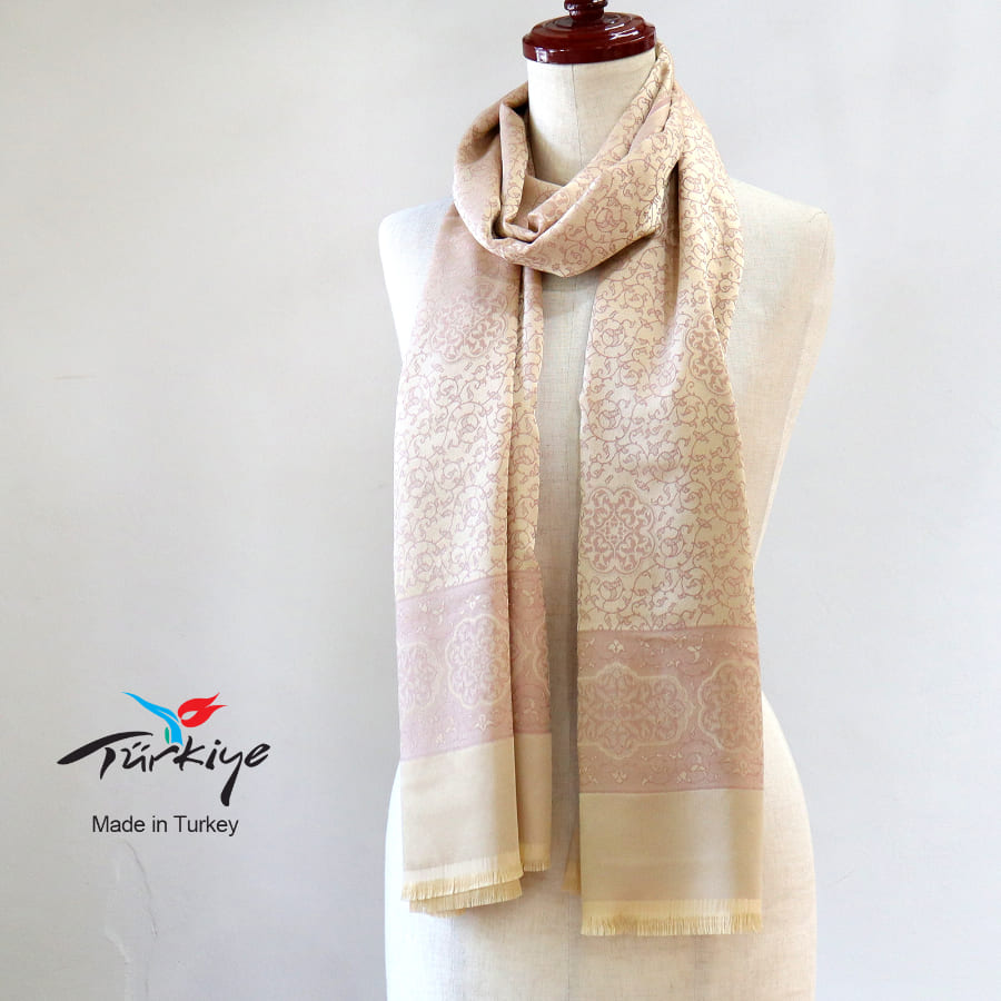 大判ストール 光沢あるジャガード織り 薄手ベージュ ピンク　アラベスク　トルコデザイン