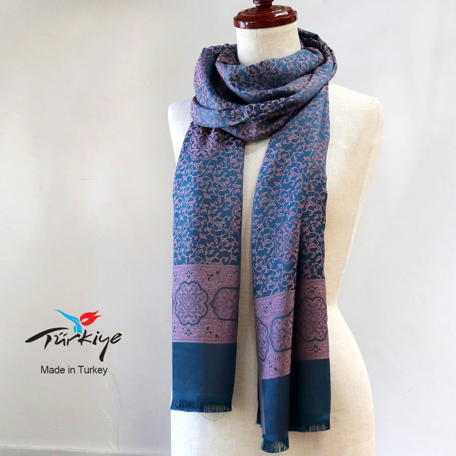 大判ストール 光沢あるジャガード織り 薄手ブルーグリーン　ピンク　　アラベスク　トルコデザイン