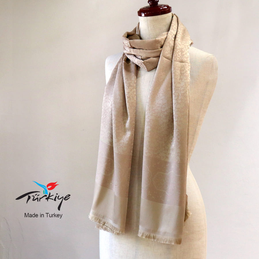 大判ストール 光沢あるジャガード織り 薄手キャメルベージュ　アラベスク　トルコデザイン