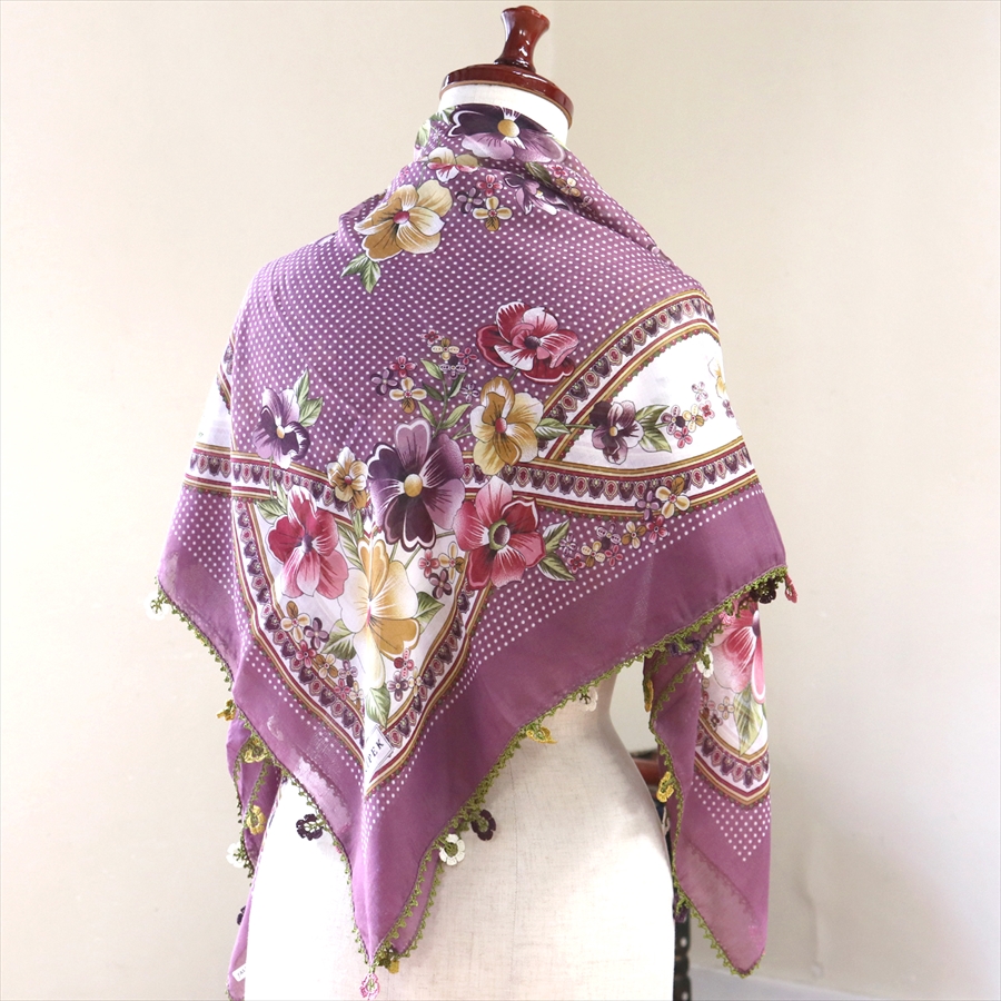 オヤスカーフ トルコの伝統手芸レース編み92×92cm トゥ・オヤ パープル 花とドット柄