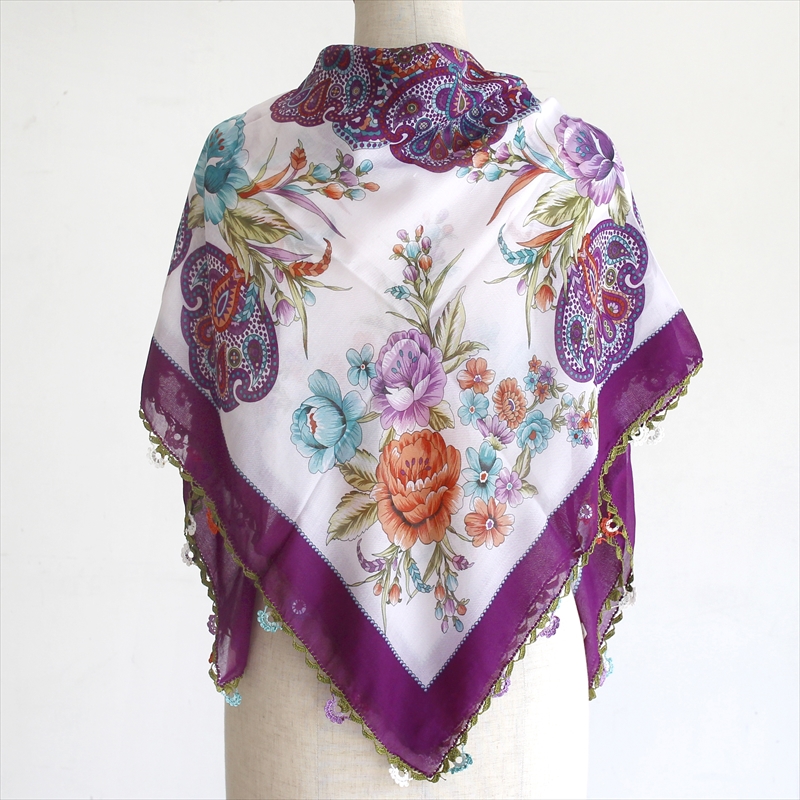 トルコの伝統手芸・レース編みのオヤスカーフかぎ針編みのトゥ・オヤ花と穂　紫