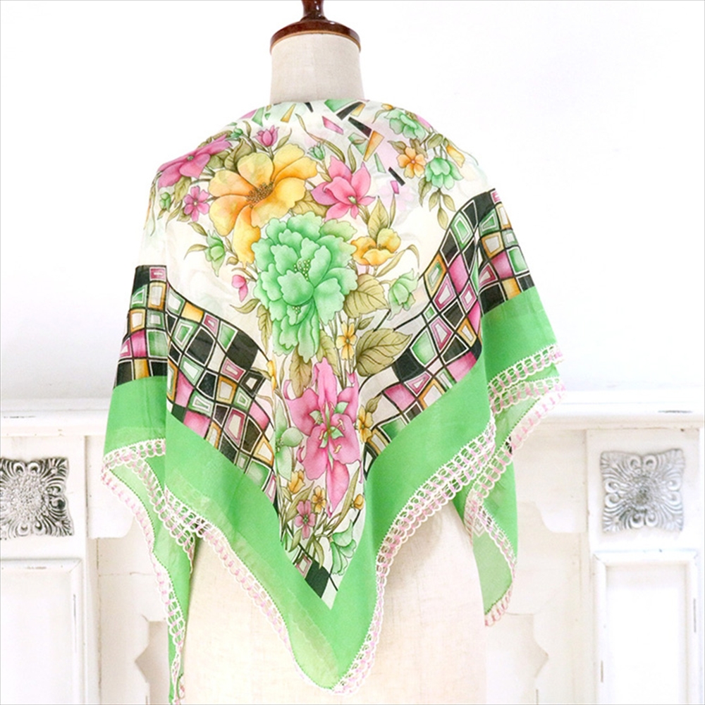 トルコ オヤスカーフ yazma コットン 正方形 97×90cm グリーン/花　ステンドグラス トゥオヤ