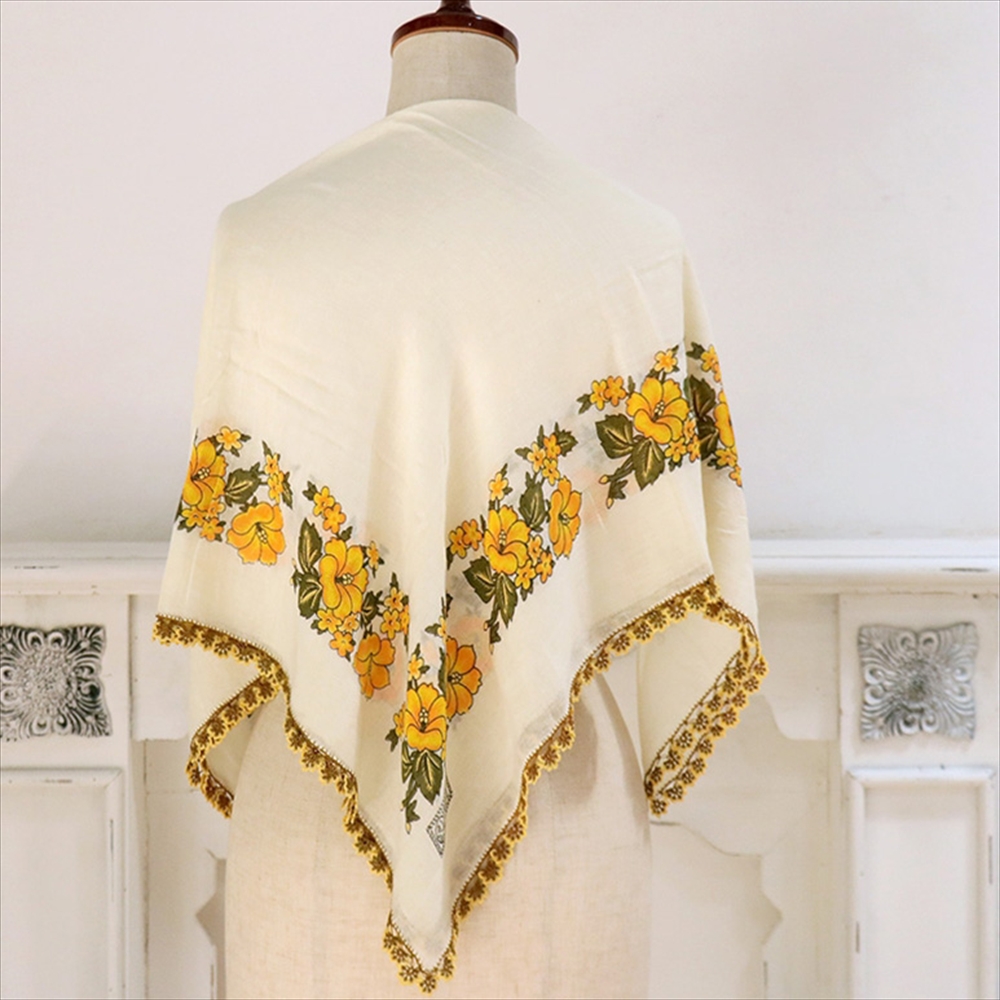 トルコ オヤスカーフ yazma コットン 正方形 85×82cm クリーム色/イエロー　花 トゥオヤ