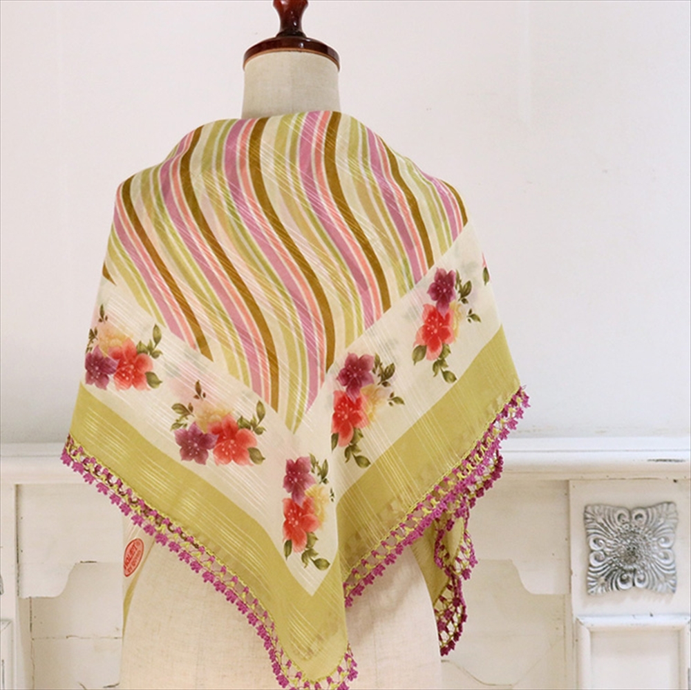 トルコ オヤスカーフ yazma コットン 正方形 90×93cm ピスタチオグリーン　アカムラサキ/波模様 イーネオヤ