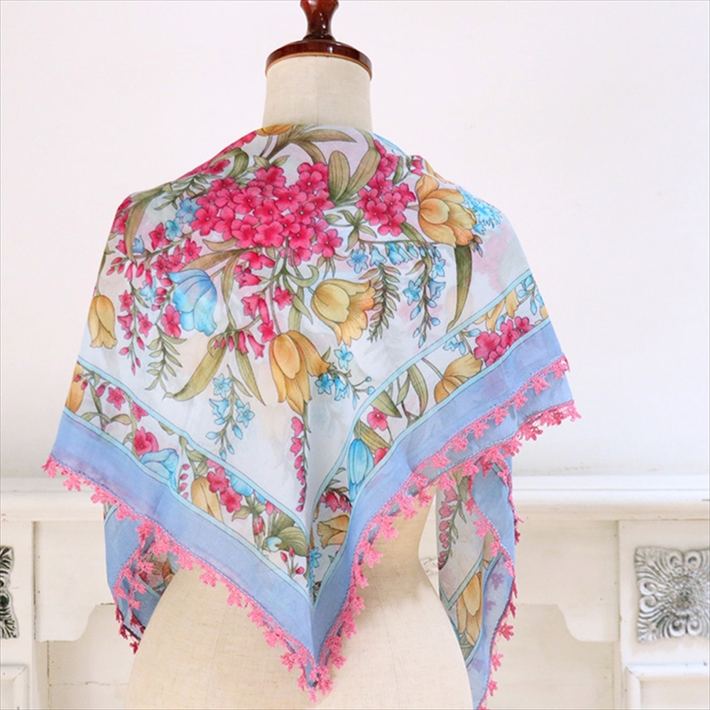 トルコ オヤスカーフ yazma コットン 正方形 88×90cm ライトブルー・ピンク/チューリップ イーネオヤ