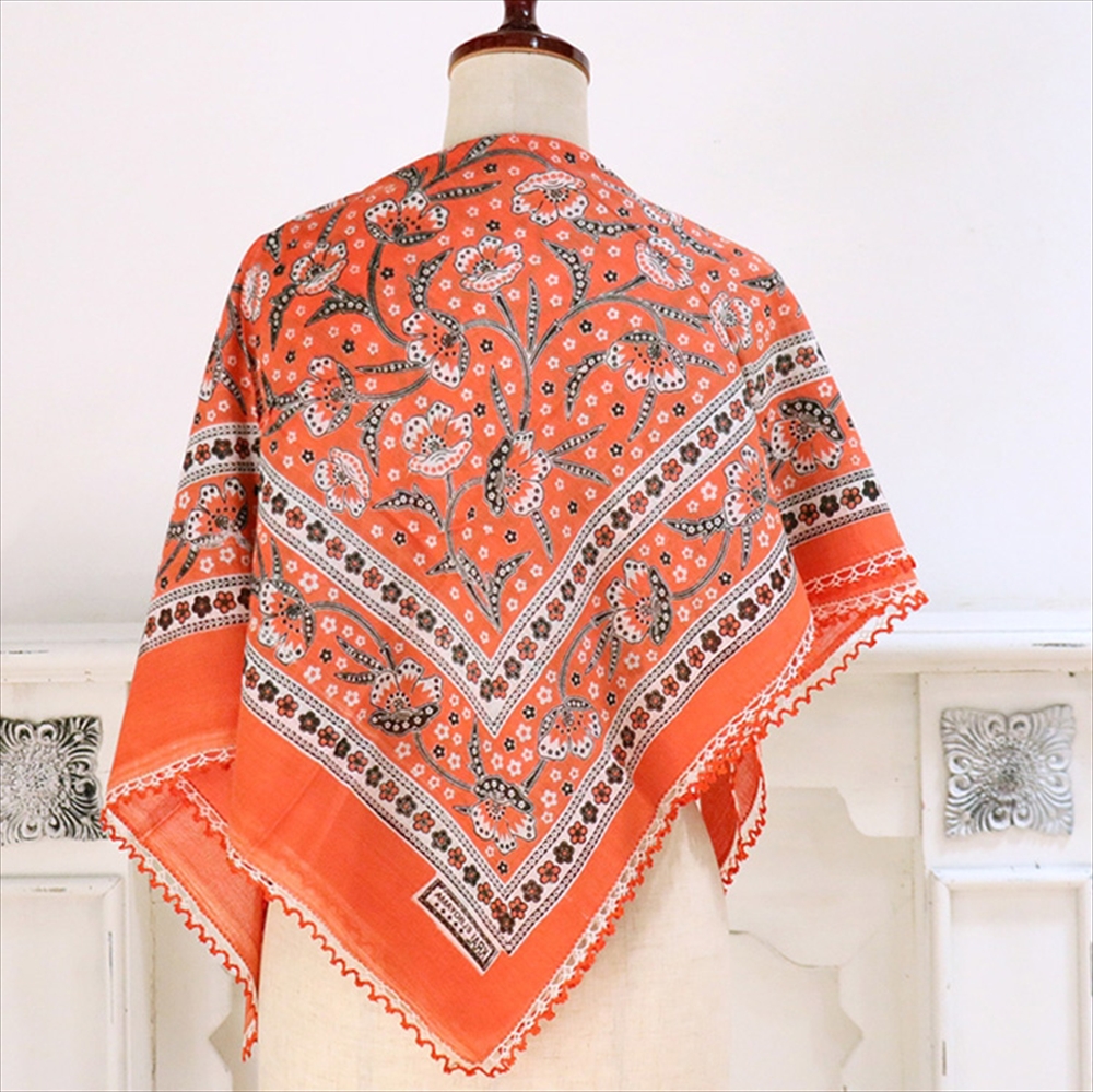 トルコ オヤスカーフ yazma コットン 正方形 95×90cm オレンジ/ペイズリー　花 トゥオヤ