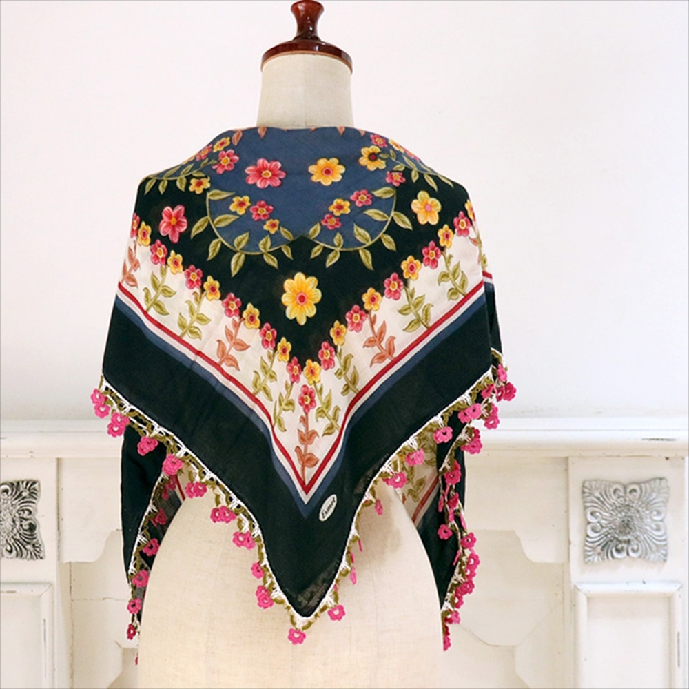 トルコ オヤスカーフ yazma コットン 正方形 90×89cm ネイビー＆ブラック　イエローとピンクの花 トゥオヤ