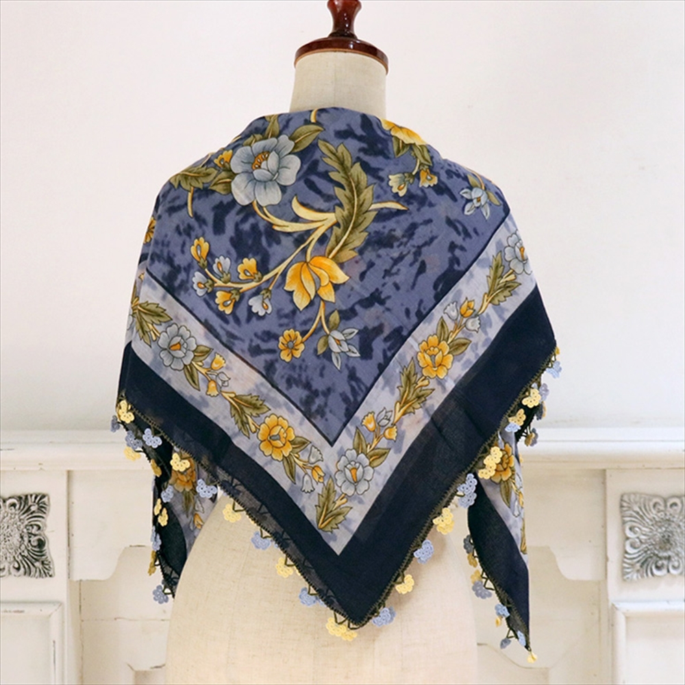 トルコ オヤスカーフ yazma コットン 正方形 92×90cm ブルーグラデーション　青と黄色の花 トゥオヤ
