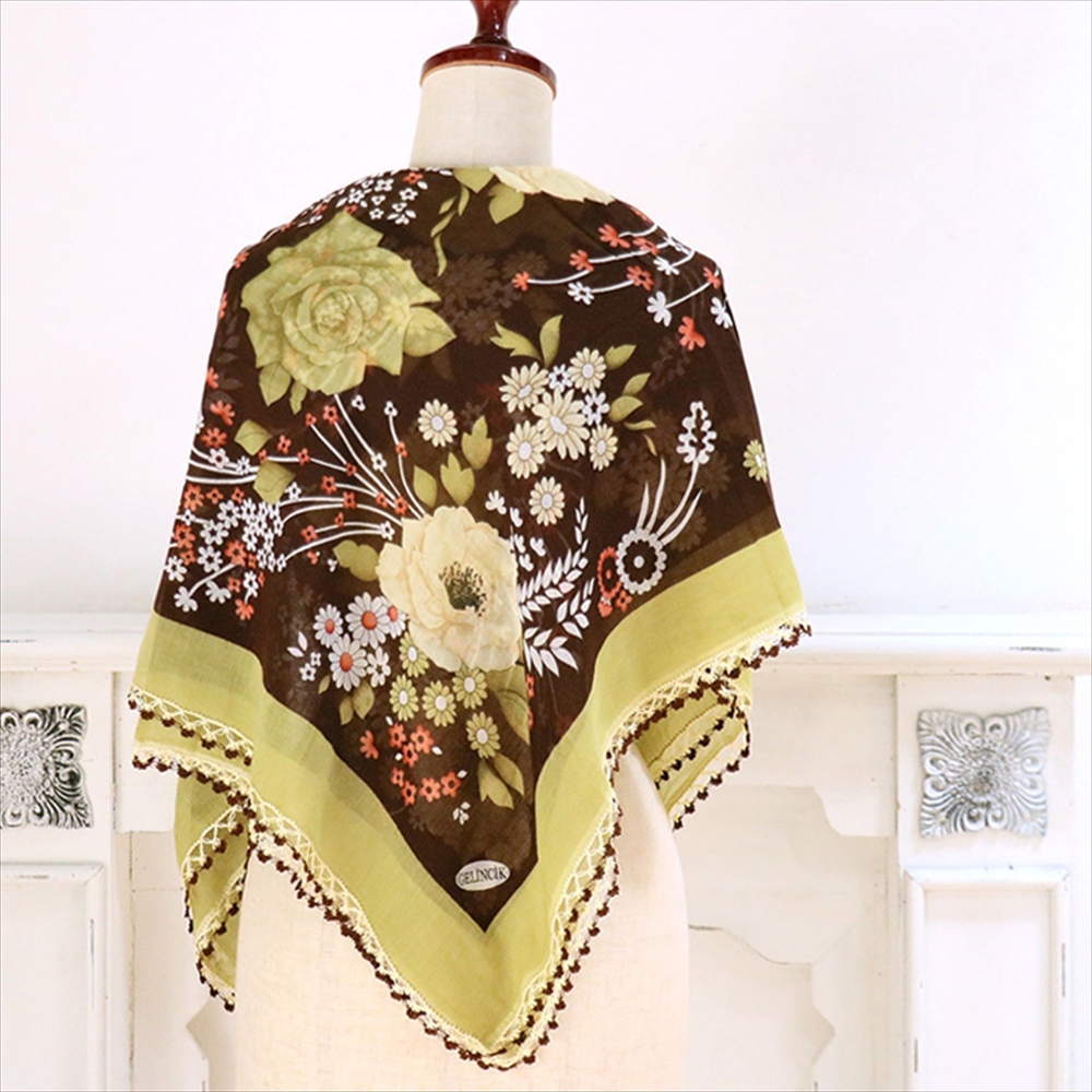 トルコ オヤスカーフ yazma コットン 正方形 93×90cm ブラウン/グリーン　薔薇 イーネオヤ