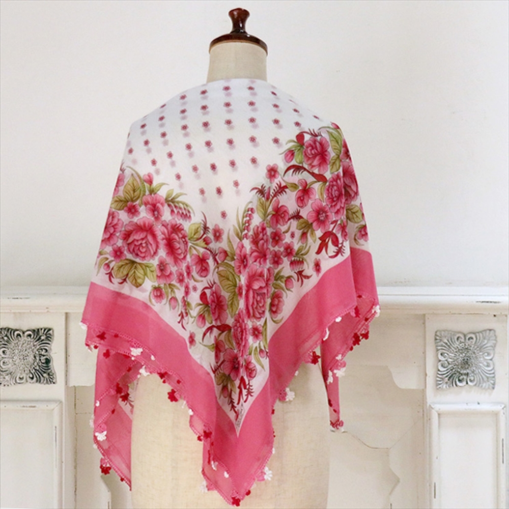 トルコ オヤスカーフ yazma コットン 正方形 98×92cm ホワイト/ピンク　花 トゥオヤ