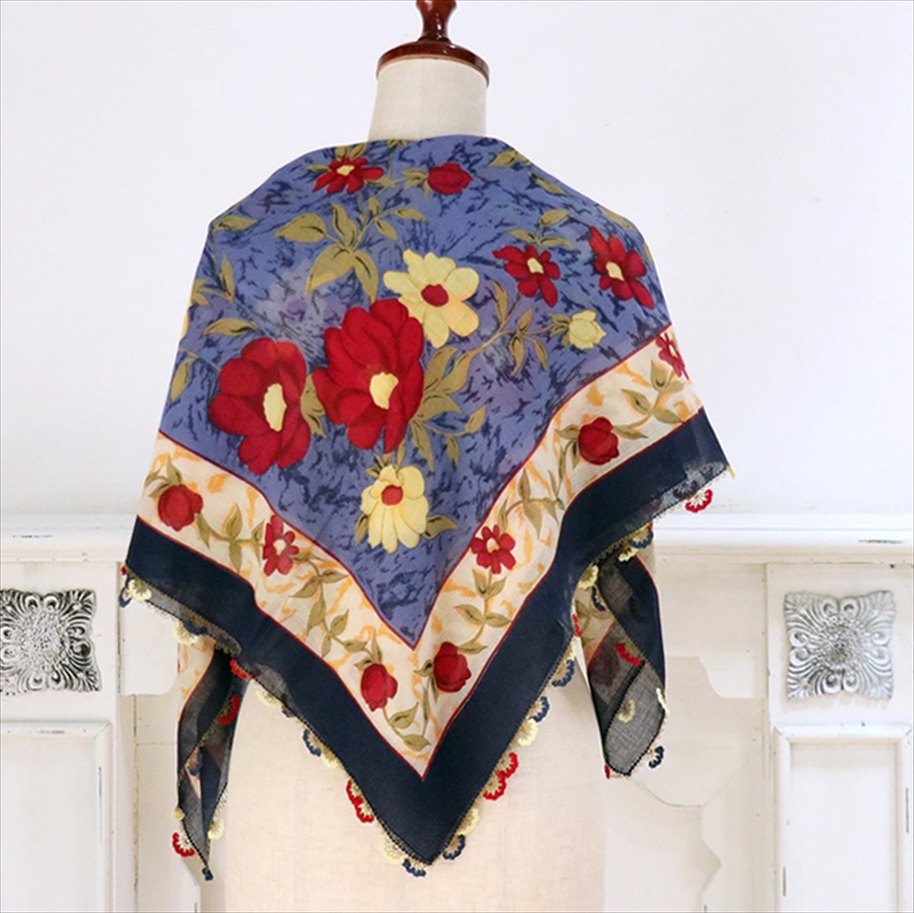 トルコ オヤスカーフ yazma コットン 正方形 91×95cm ブルー/レッド・ホワイト　花 イーネオヤ