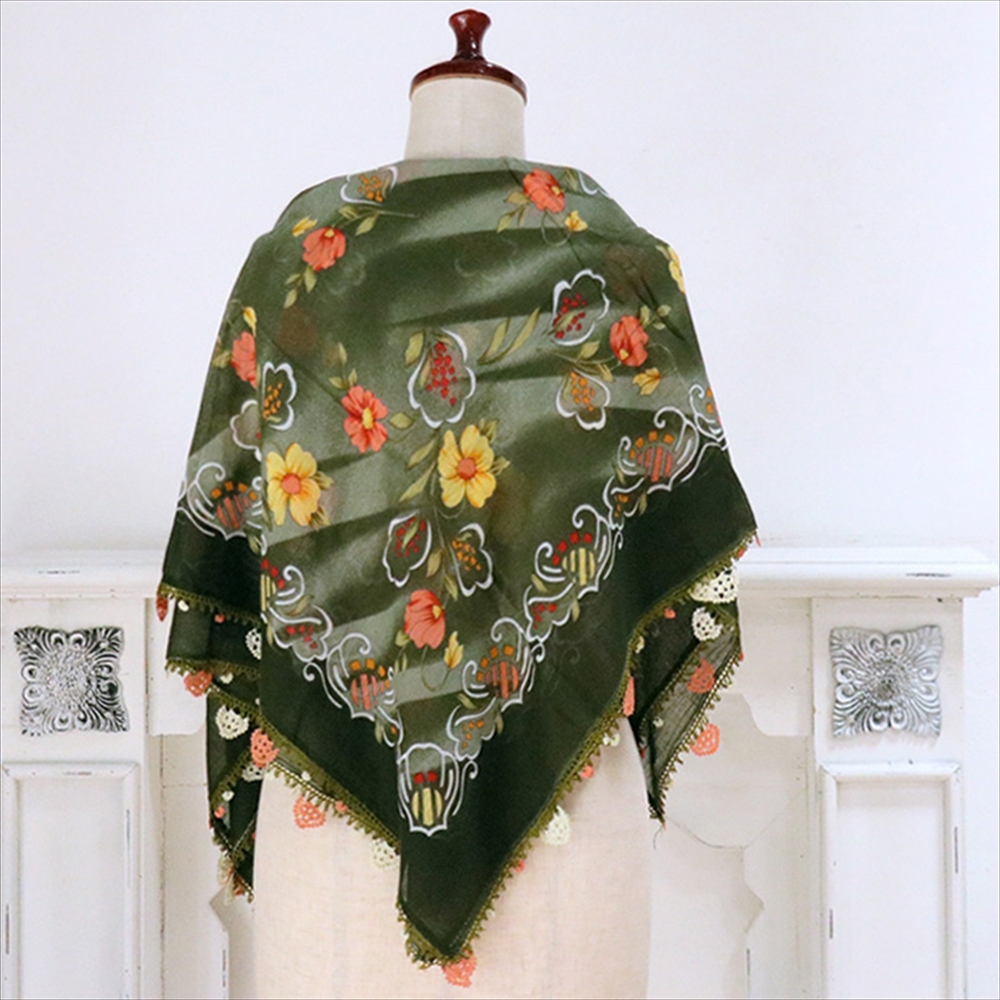 トルコ オヤスカーフ yazma コットン 正方形 92×94cm ダークグリーン/イエロー・オレンジ　花柄 トゥオヤ