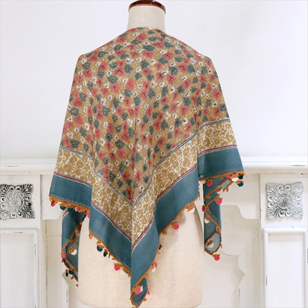 トルコ オヤスカーフ yazma コットン 正方形 95×96cm ブラウン・ブルー/葉っぱ トゥオヤ