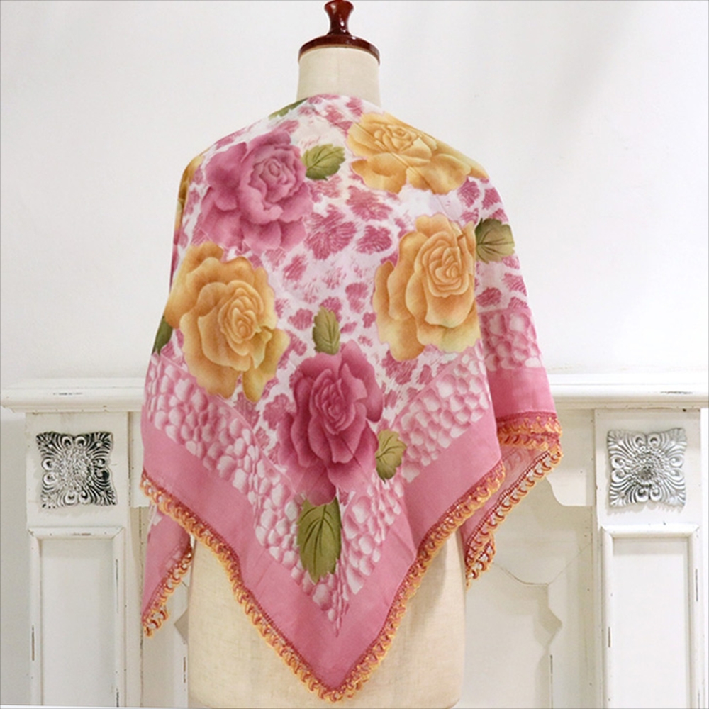 トルコ オヤスカーフ yazma コットン 正方形 90×87cm ローズピンク　ピンク・イエロー　薔薇 イーネオヤ