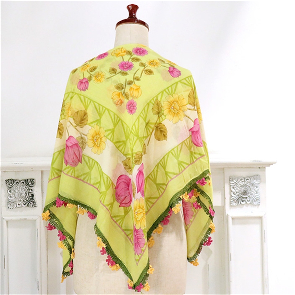 トルコ オヤスカーフ yazma コットン 正方形 90×91cm ライムグリーン/ピンク・イエロー　花 トゥオヤ