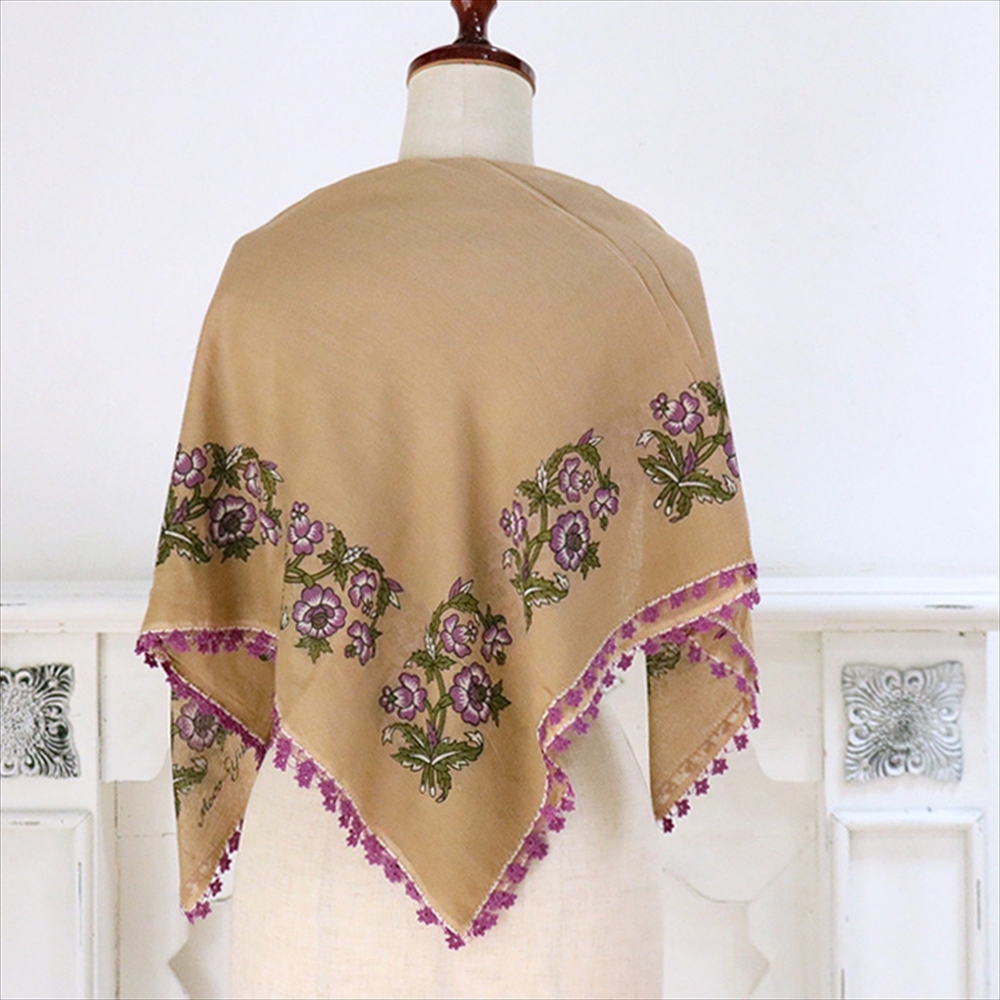 トルコ オヤスカーフ yazma コットン 正方形 84×82cm ライトブラウン/パープル　花 トゥオヤ