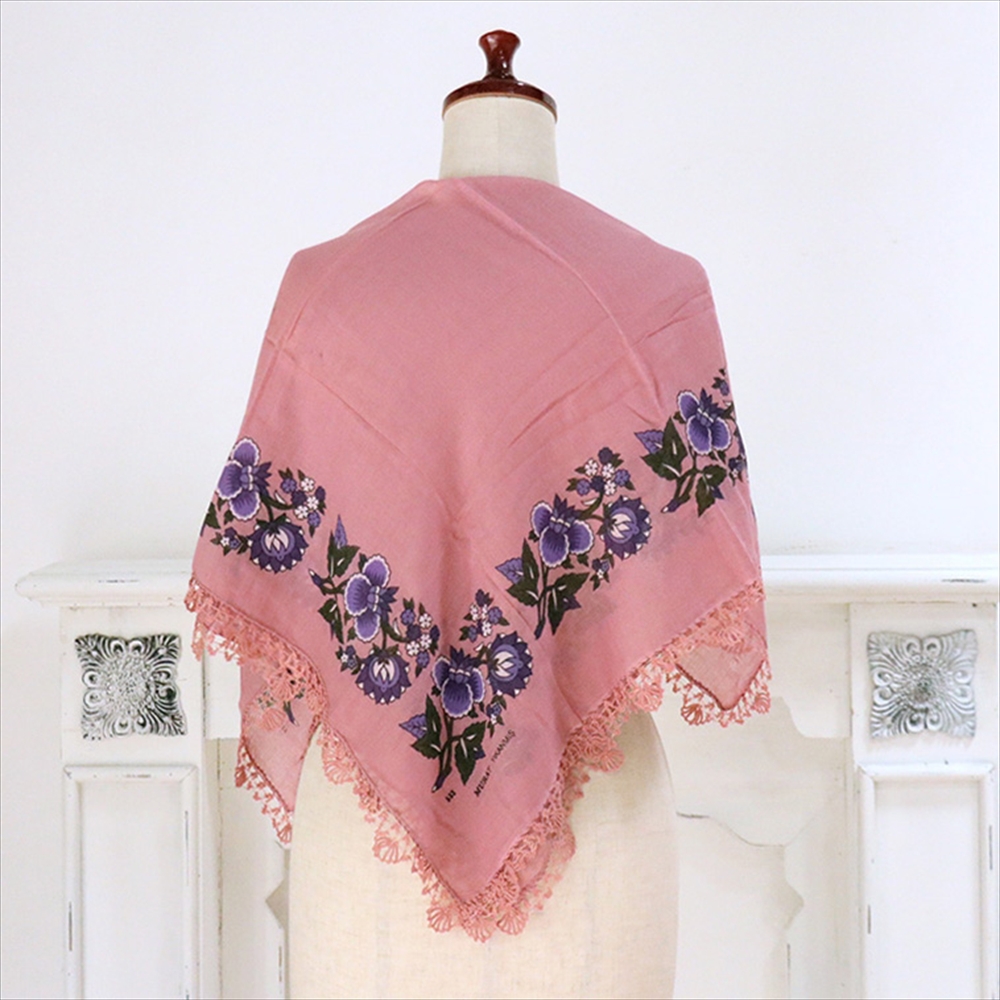 トルコ オヤスカーフ yazma コットン 正方形 82×79cm ピンク/ブルー　花 トゥオヤ