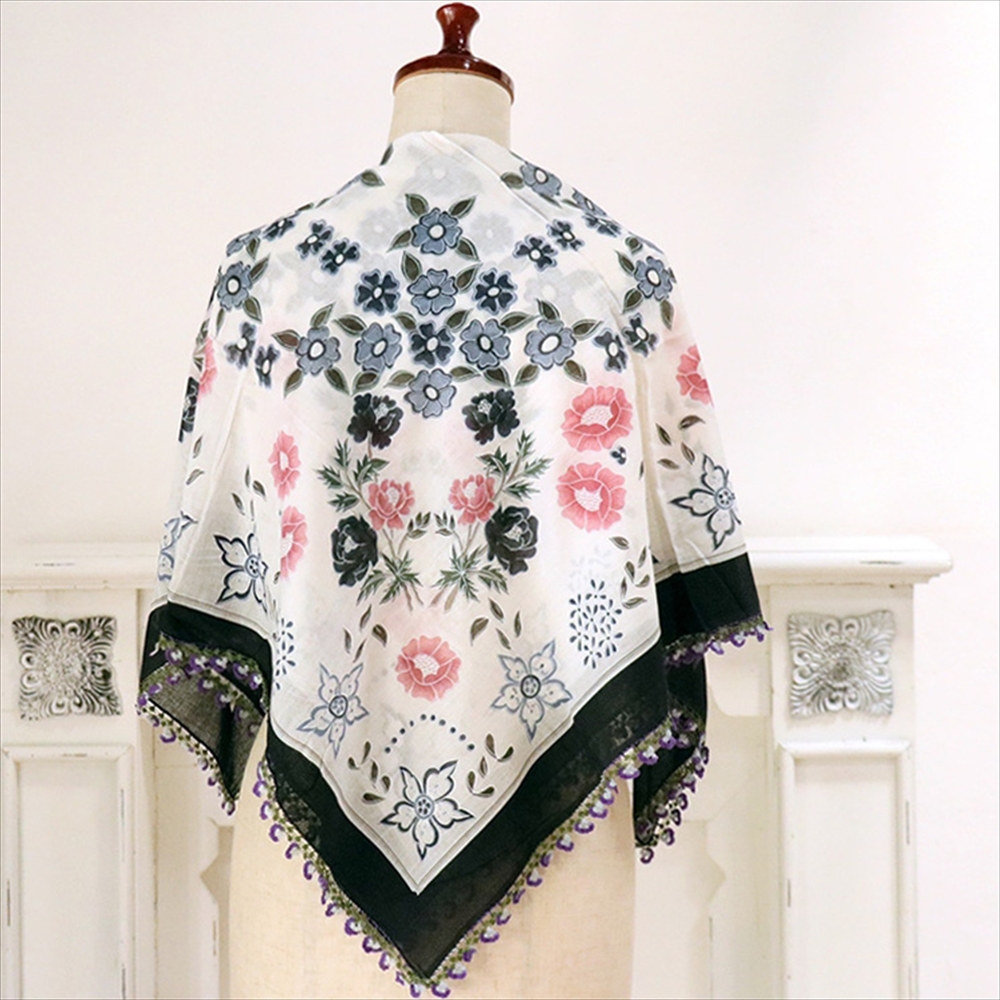 トルコ オヤスカーフ yazma コットン 正方形 90×86cm ホワイト　ブラック　/スミレの花 イーネオヤ