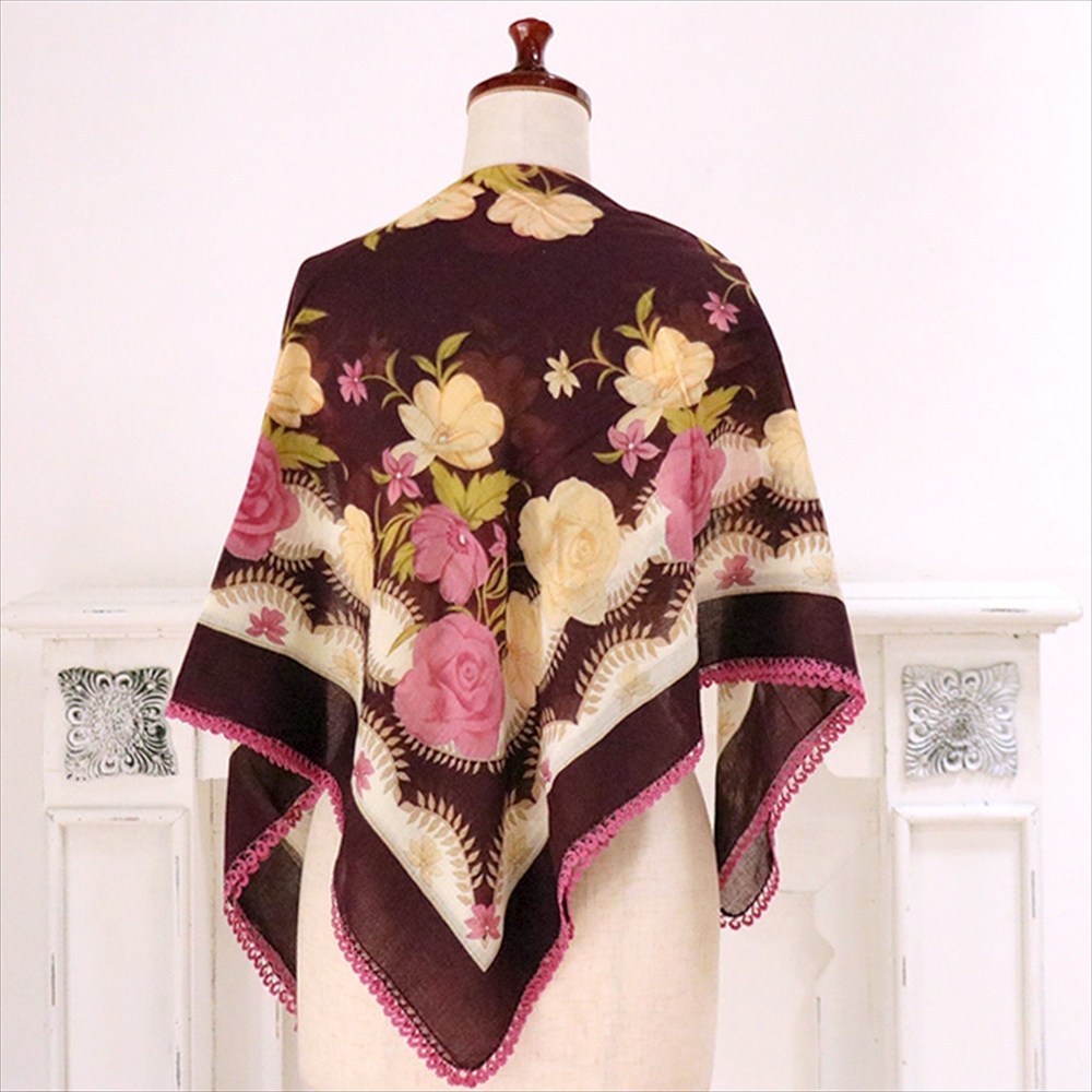 トルコ オヤスカーフ yazma コットン 正方形 91×91cm ワインレッド ピンク・クリーム　花 イーネオヤ