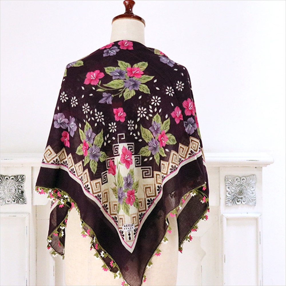 トルコ オヤスカーフ yazma コットン 正方形 90×94cm ワインレッド　桔梗の花 イーネオヤ