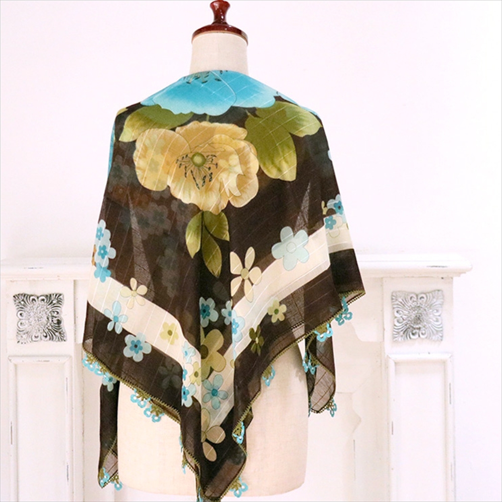 トルコ オヤスカーフ yazma コットン 正方形 95×96cm ブラウン　イエロー・ブルー　花柄　 トゥオヤ