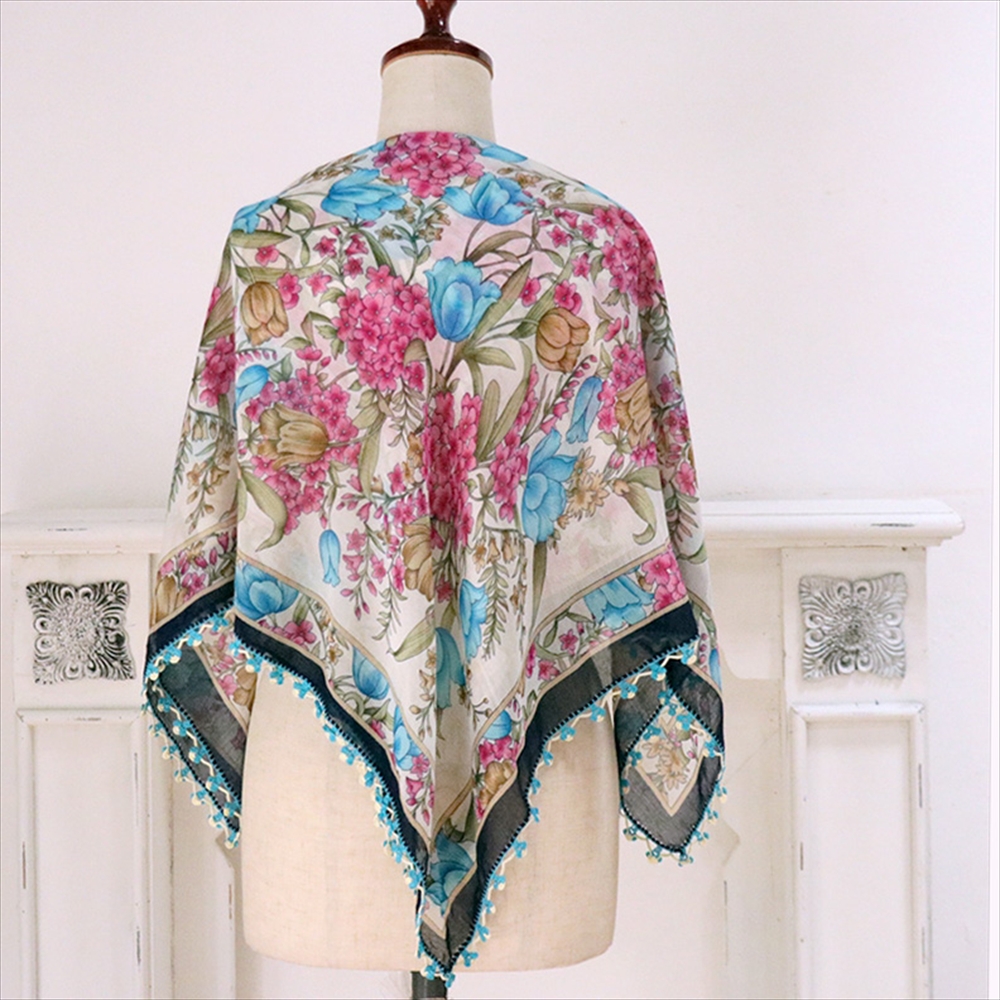 トルコ オヤスカーフ yazma コットン 正方形 88×92cm フラワーブーケ　ピンクと水色の花 トゥオヤ