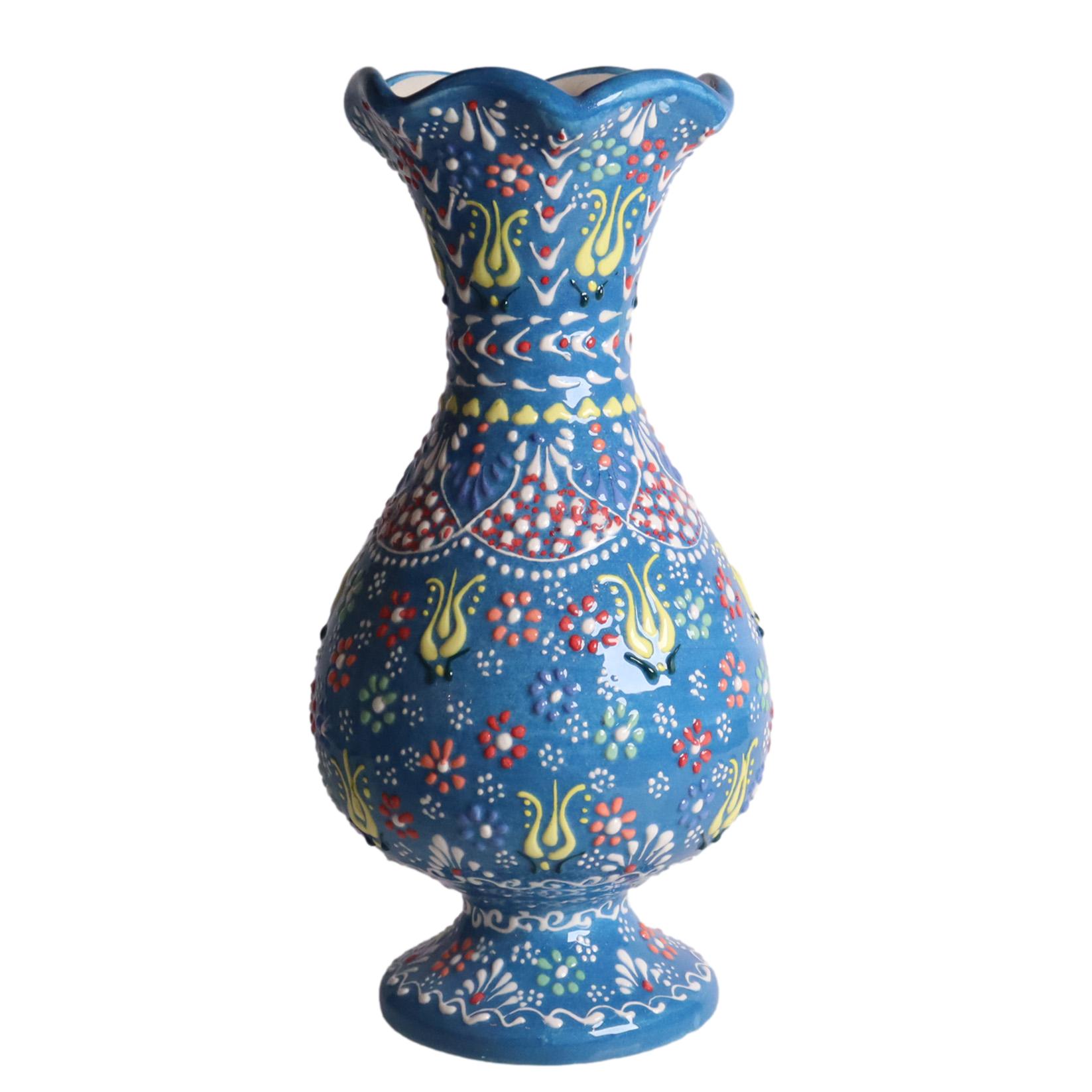 トルコ陶器 花瓶 チューリップ型 Lサイズ 高さ24×直径10cm フラワーベース フラワーデザイン ターコイズブルー