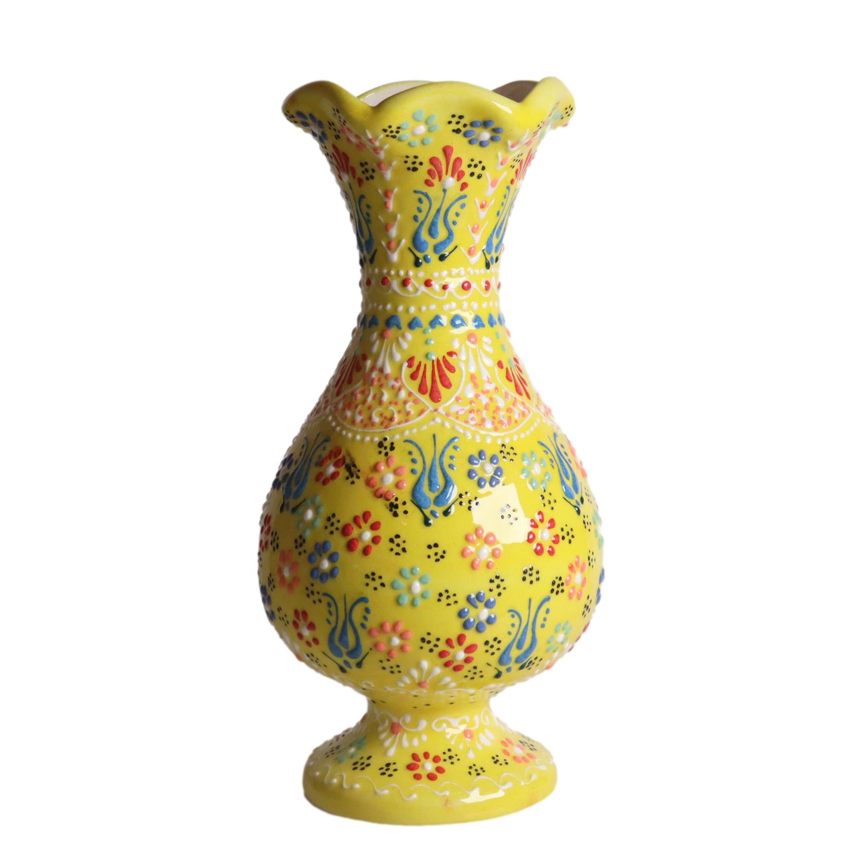 トルコ陶器 花瓶 チューリップ型 Lサイズ 高さ24×直径10cm フラワーベース フラワーデザイン イエロー