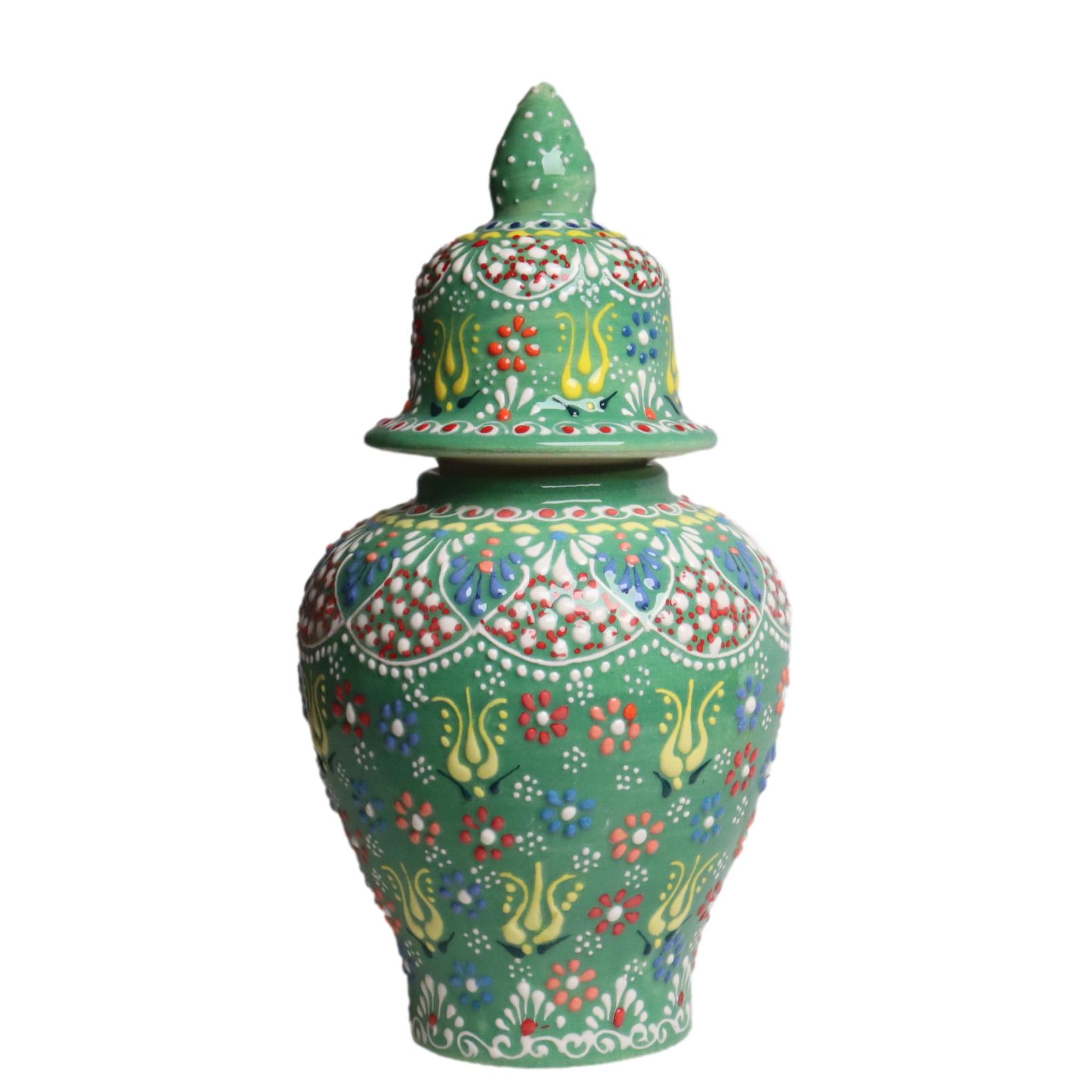 トルコ陶器 蓋つき壺 高さ25×直径11cm フラワーデザイン グリーン