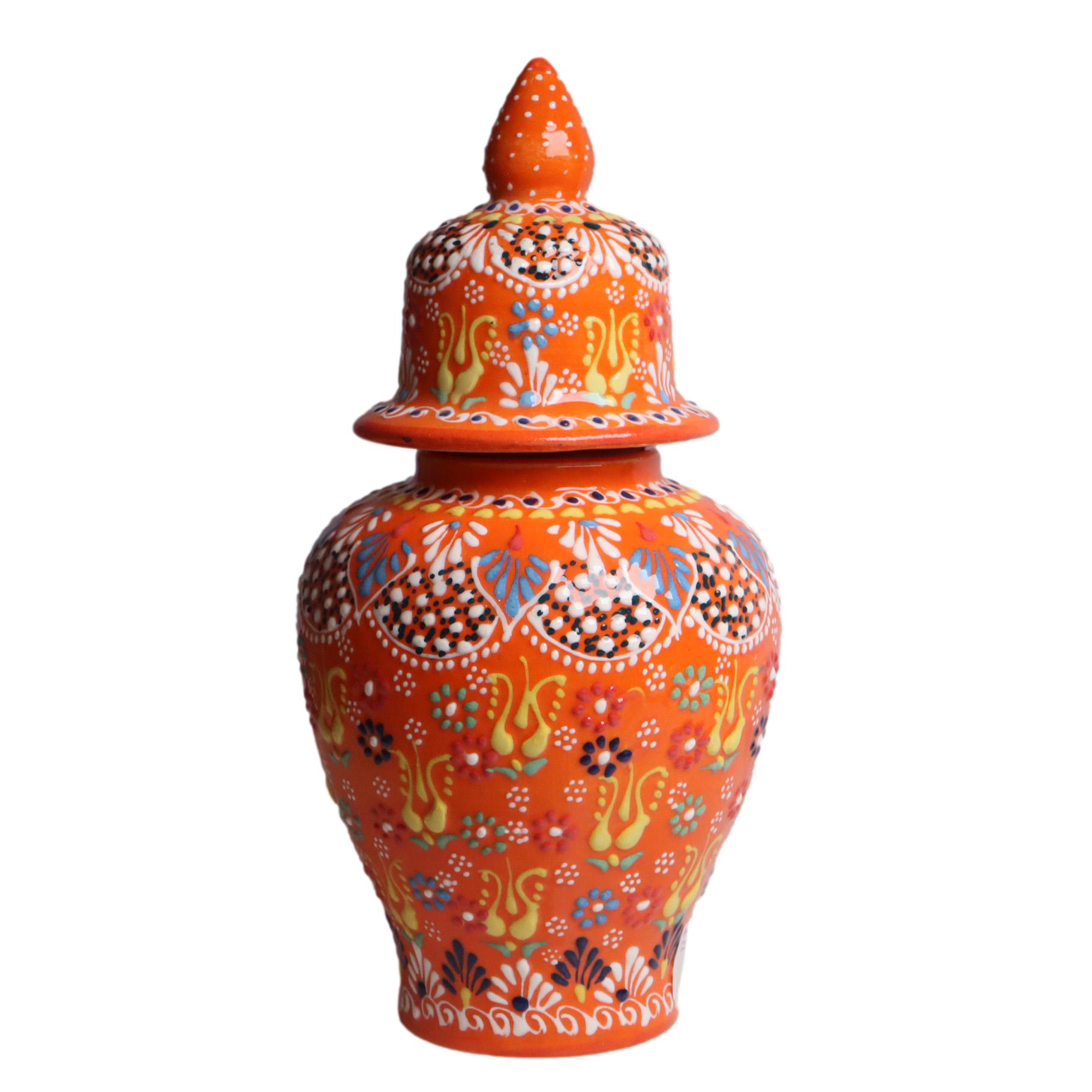 トルコ陶器 蓋つき壺 高さ25×直径11cm フラワーデザイン オレンジ