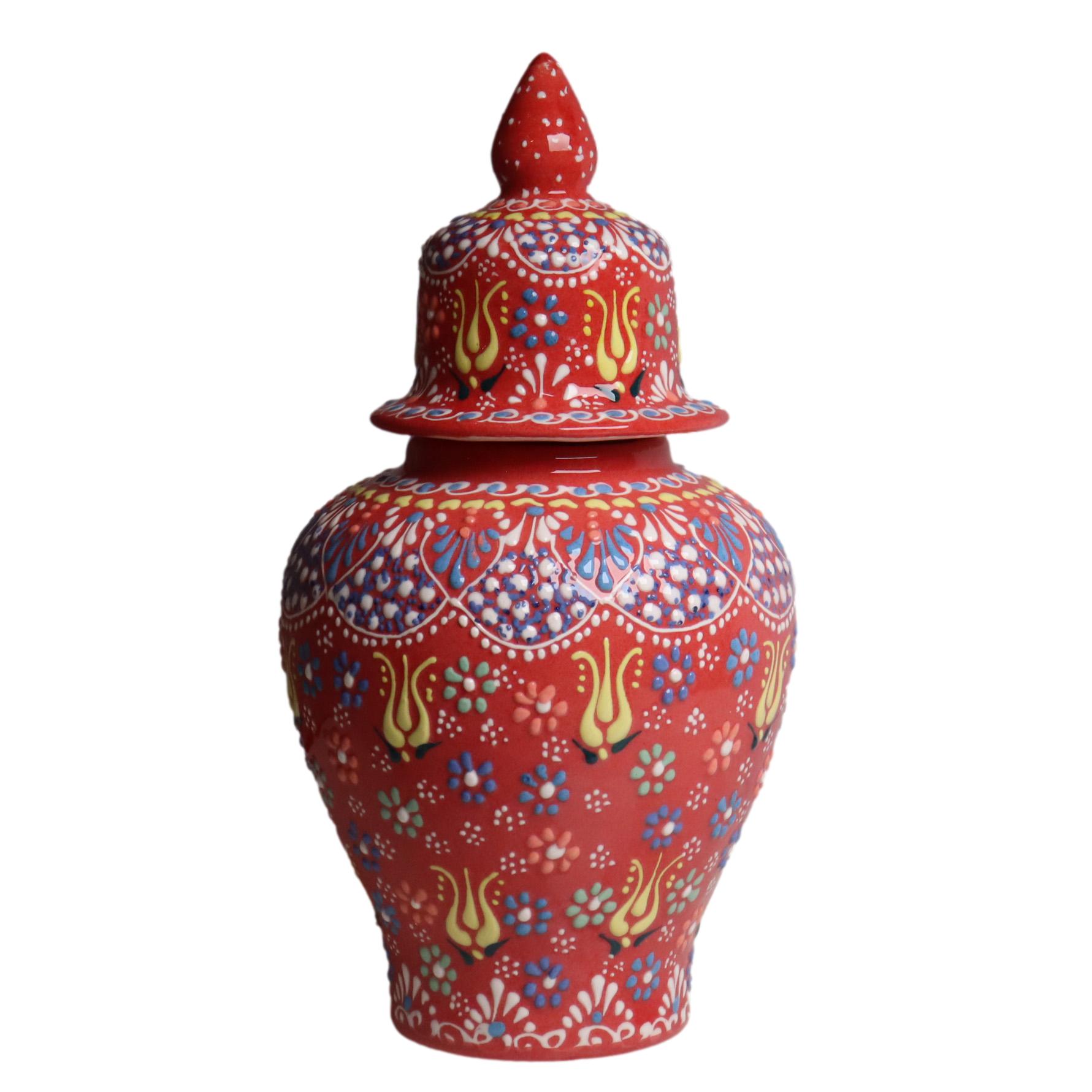 トルコ陶器 蓋つき壺 高さ25×直径11cm フラワーデザイン レッド