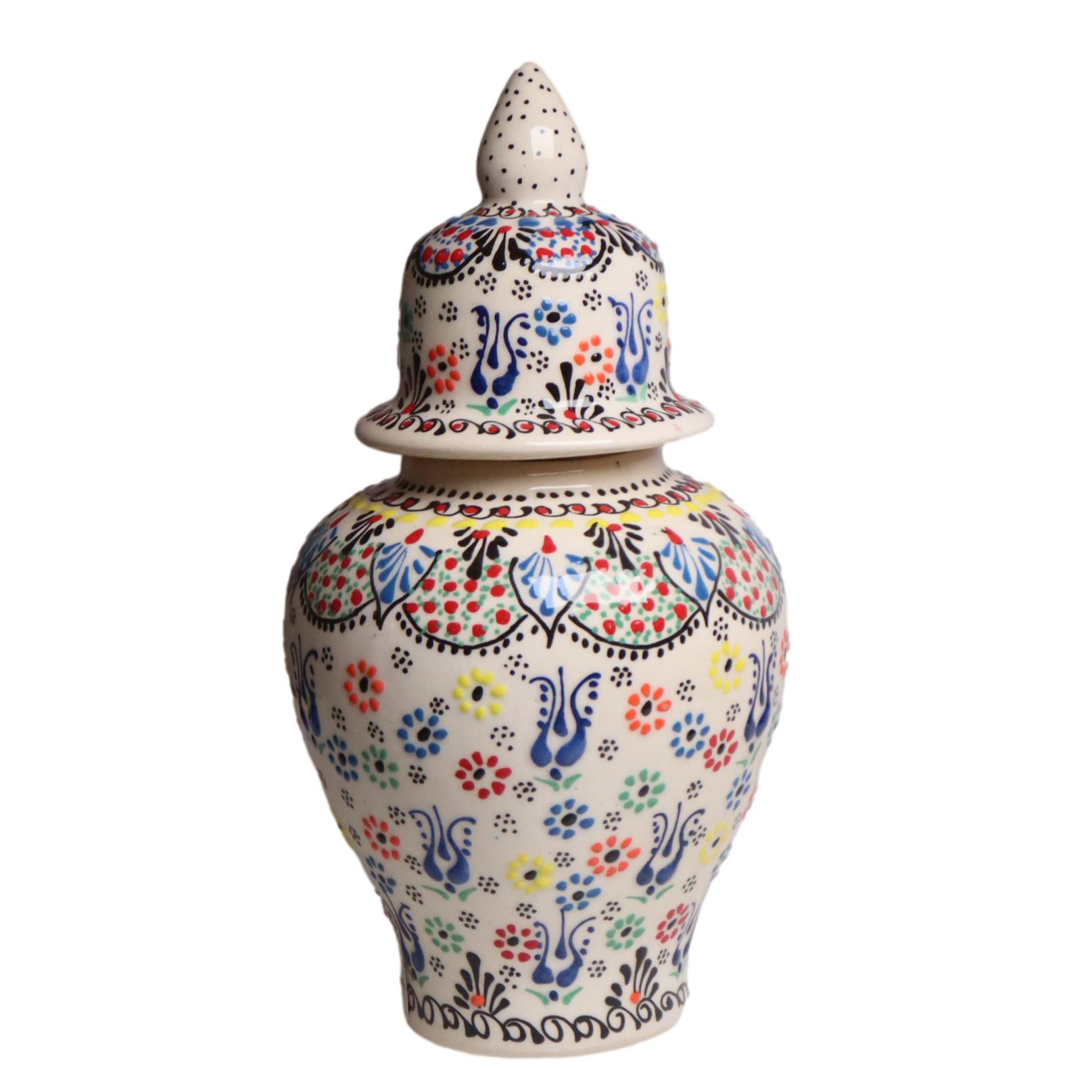 トルコ陶器 蓋つき壺 高さ25×直径11cm フラワーデザイン ホワイト