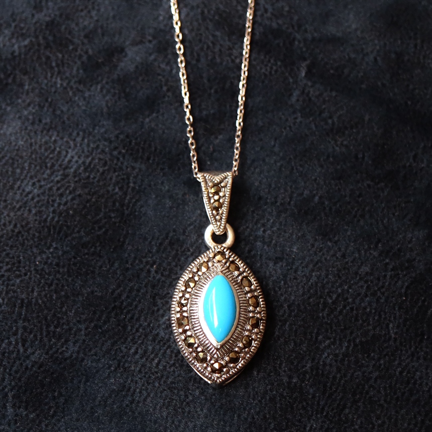 シルバーペンダント　ターコイズ×マルカジット Turkish Silver Jewelry ネックレス マーカサイト アーモンド形