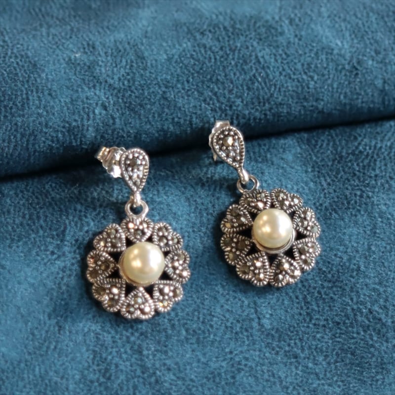 シルバーハートフラワーピアス パール×マルカジット  Turkish Silver Jewelry