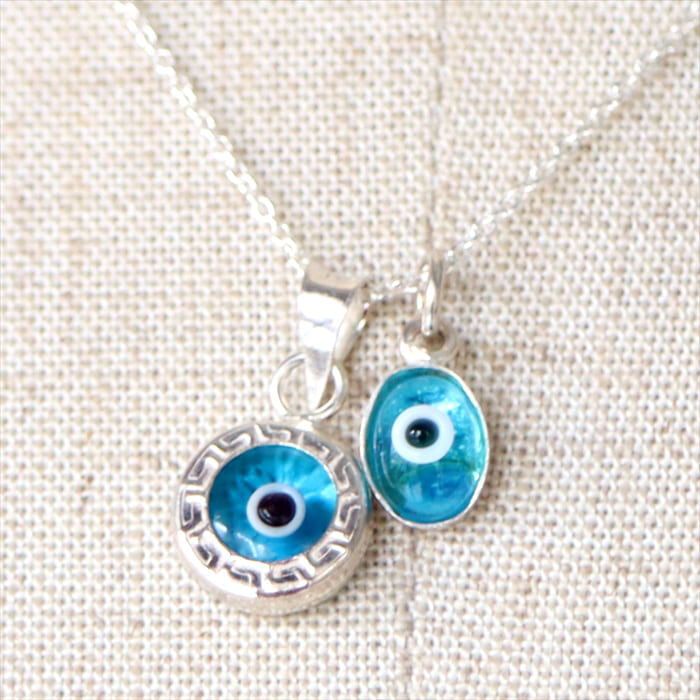 ナザールボンジュウ Silver925 ネックレス ２つのチャーム スカイブルー トルコ製 Nazar Boncuk, Evel Eye glass&silver necklace, made in Turkey